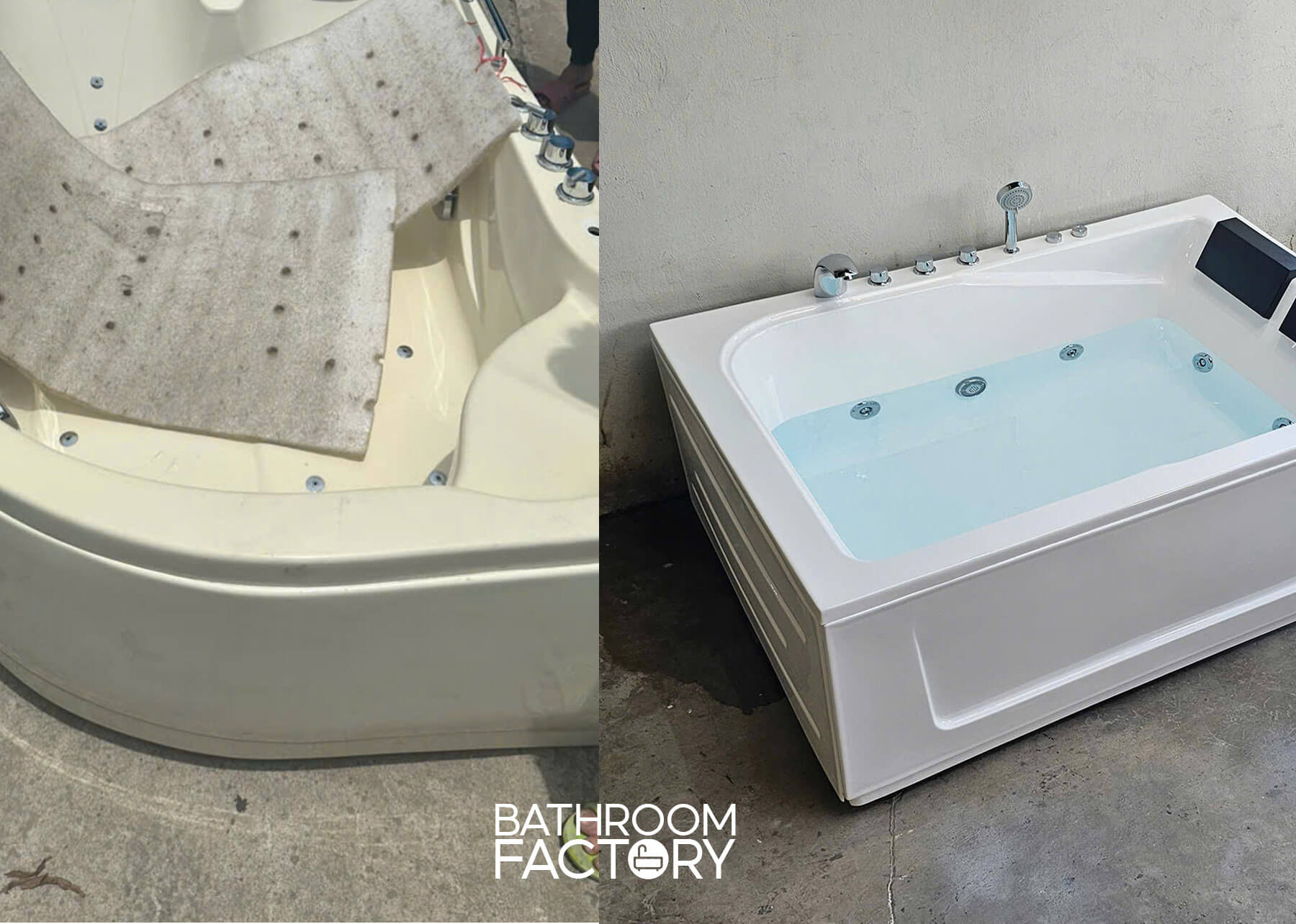 So sánh bồn tắm acrylic cũ bị ố vàng đều sau nhiều năm và bồn tắm acrylic mới